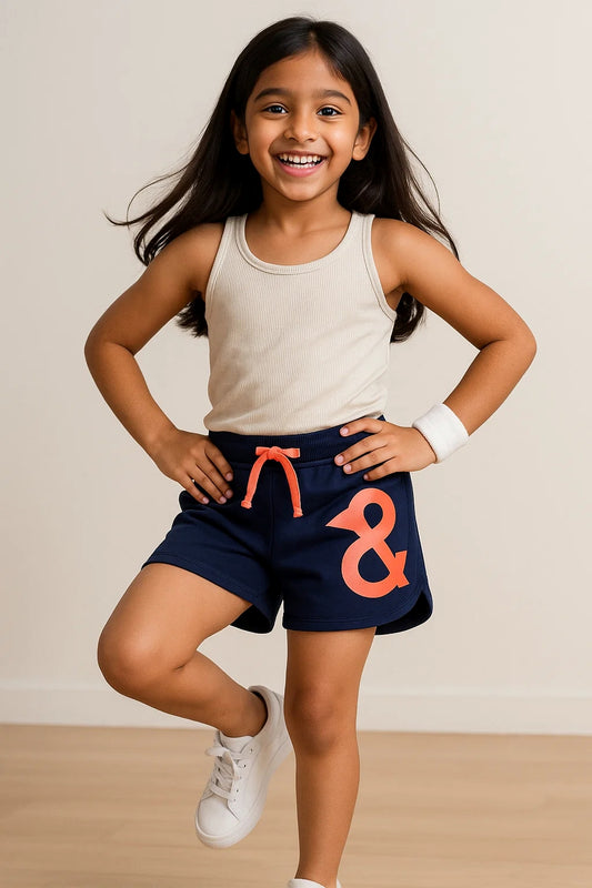 Girls Navy Blue Cotton Poly Regular Fit Print Shorts