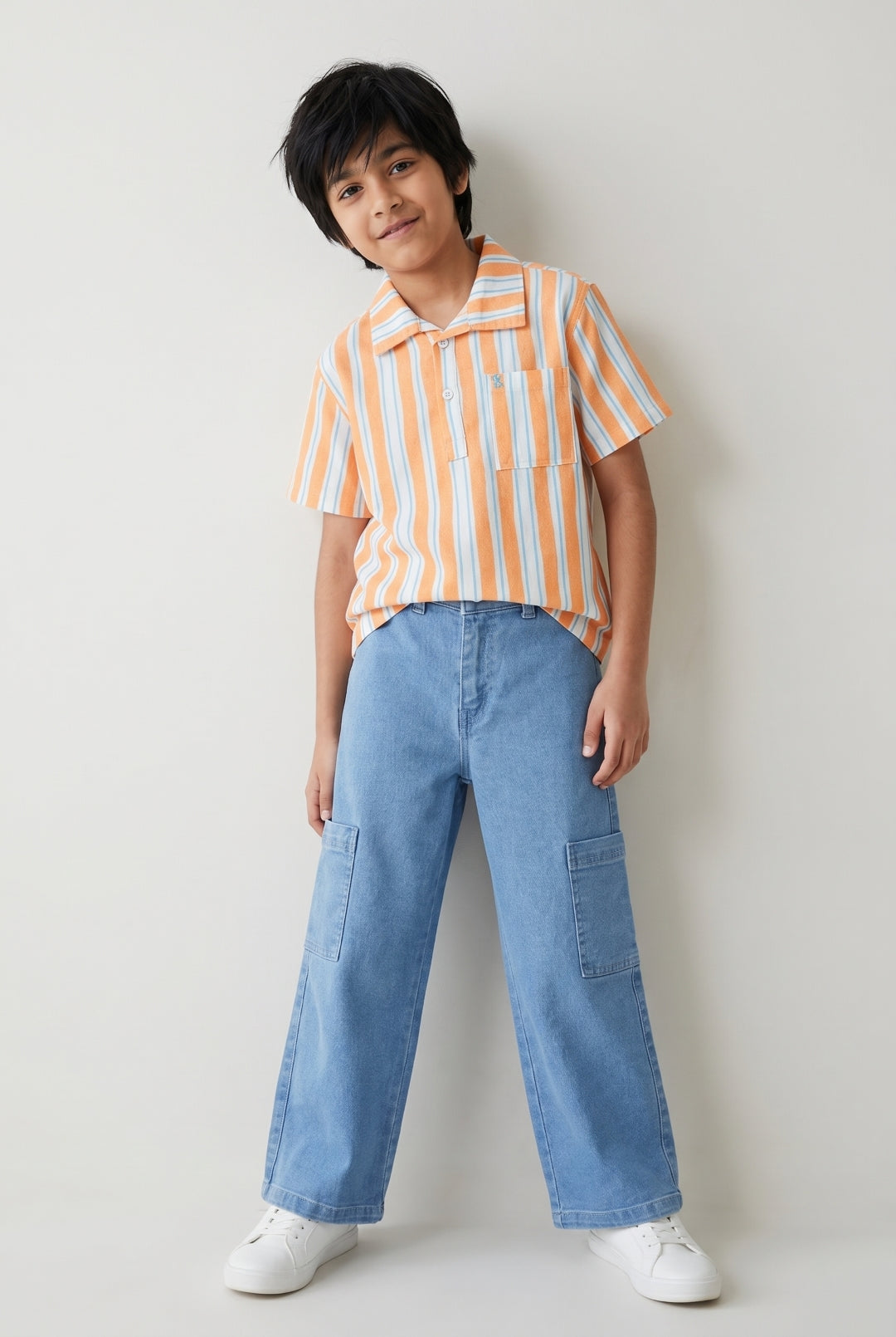 Boys Cotton Orange Shirt With Blue Denim Jeans Clothing Set
