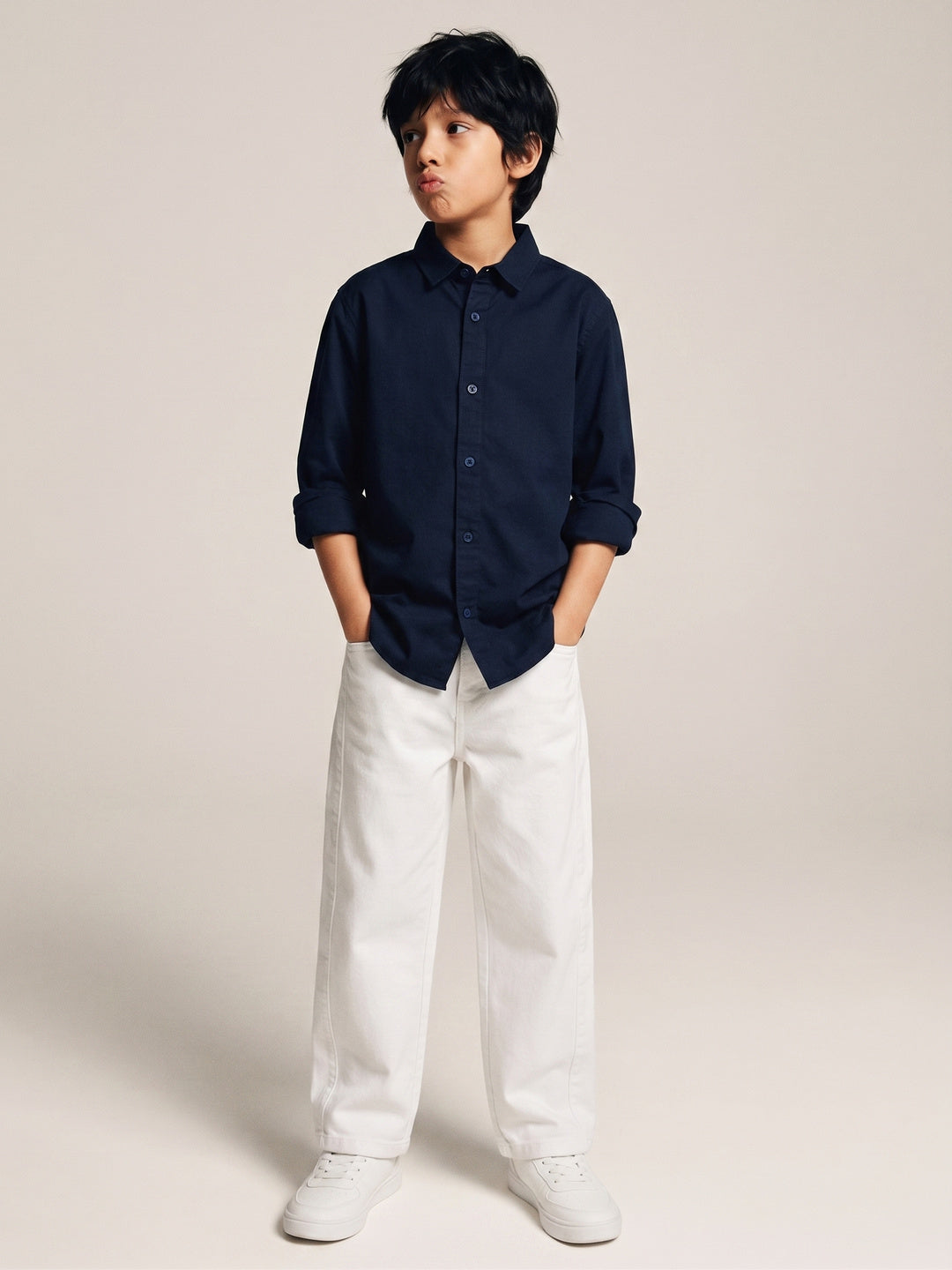 Boys Cotton Navy Blue Shirt With White Lycra Denim Solid Baggy Fit Jeans