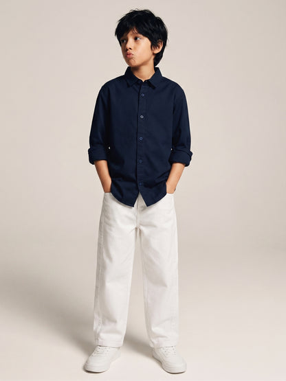 Boys Cotton Navy Blue Shirt With White Lycra Denim Solid Baggy Fit Jeans