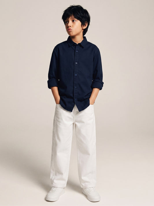 Boys Cotton Navy Blue Shirt With White Lycra Denim Solid Baggy Fit Jeans