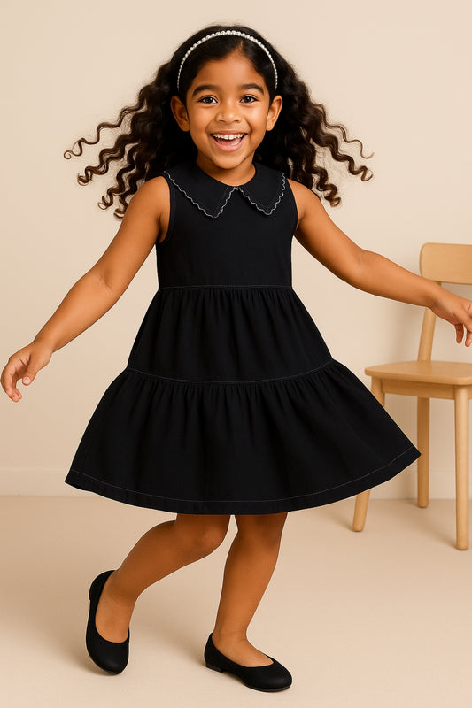 Girls Black Cotton Sleeveless Casual Dress