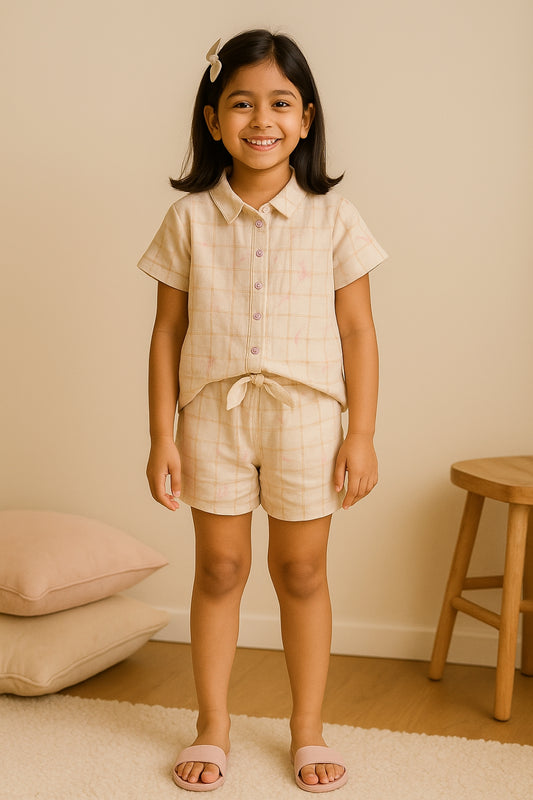 Girls Viscose Poly Printed Top & Short Casual Peach Co-Ord Set