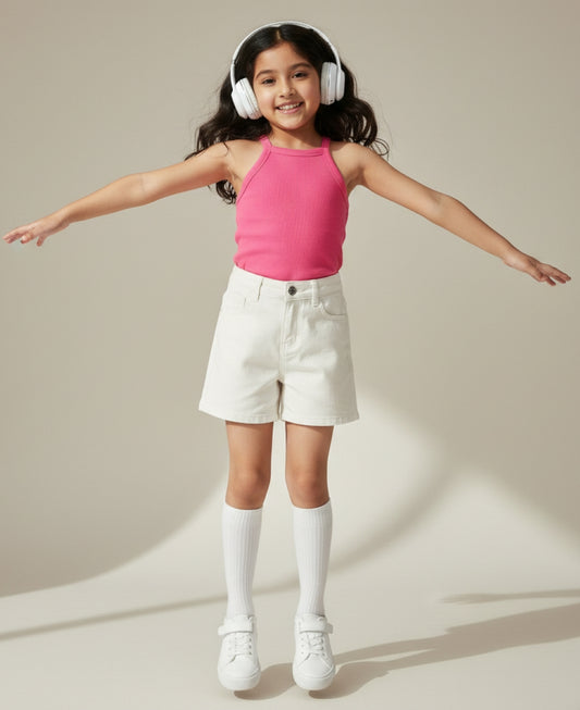 Girls White Solid Cotton Casual Shorts