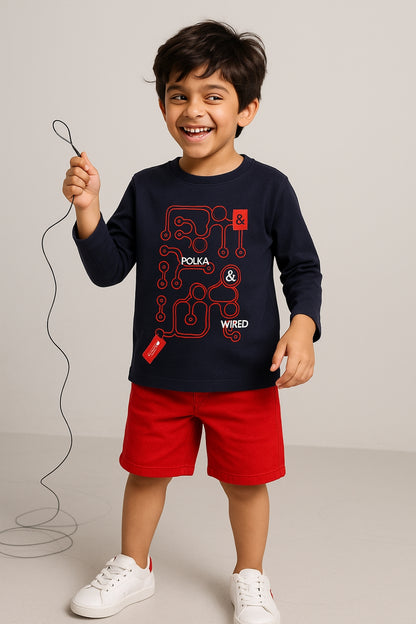 Boys Cotton Navy Blue Printed T-Shirt