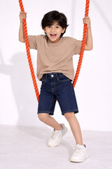 Boys Dark Blue Lycra Washed Bermuda