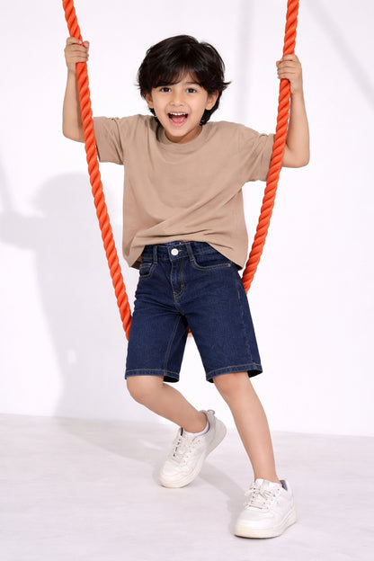 Boys Dark Blue Lycra Washed Bermuda