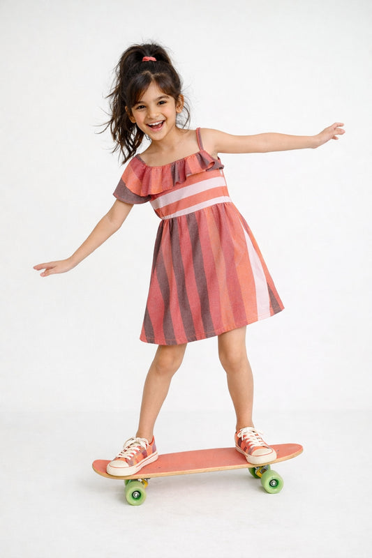 Girls Multi Color Stripe Single Shoulder Cotton Dress