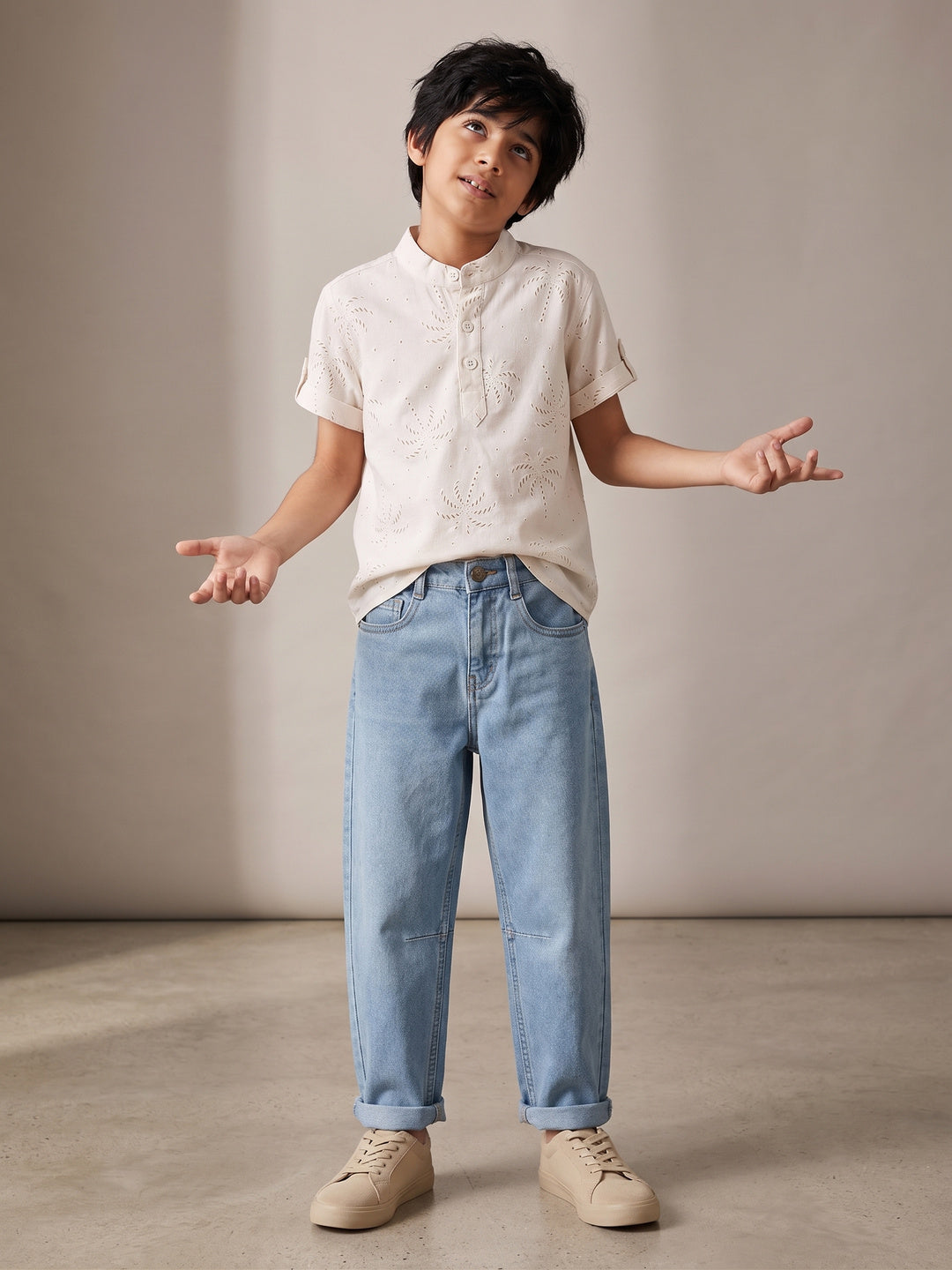 Boys Cotton Cream Shirt With Blue Denim Washed Barrel Fit Jeans