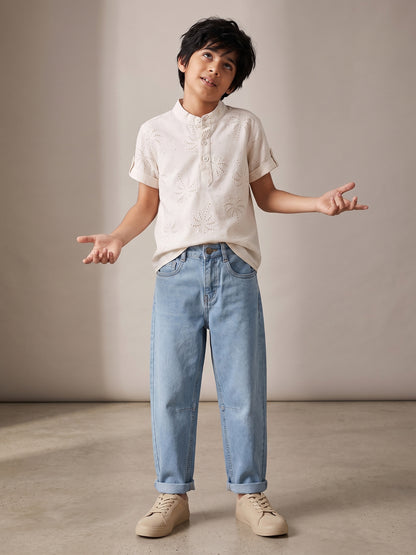 Boys Cotton Cream Shirt With Blue Denim Washed Barrel Fit Jeans