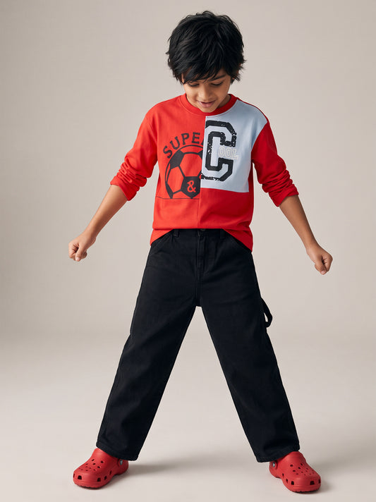 Boys Cotton Printed Red T-Shirt With Black Lycra Denim Solid Relaxed Fit Jeans