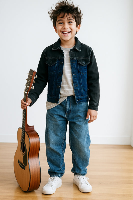 Boys Blue & Black Solid Denim Jacket