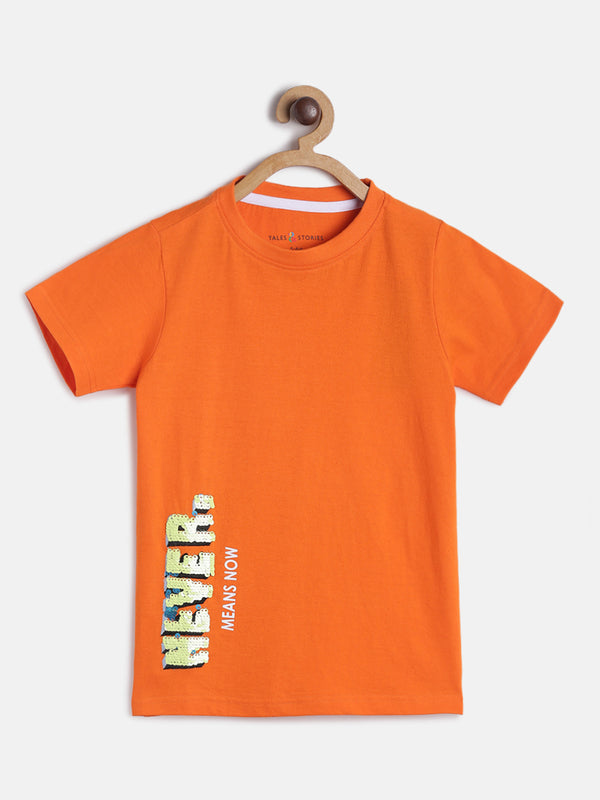 Boys Orange Cotton Embellished T shirt