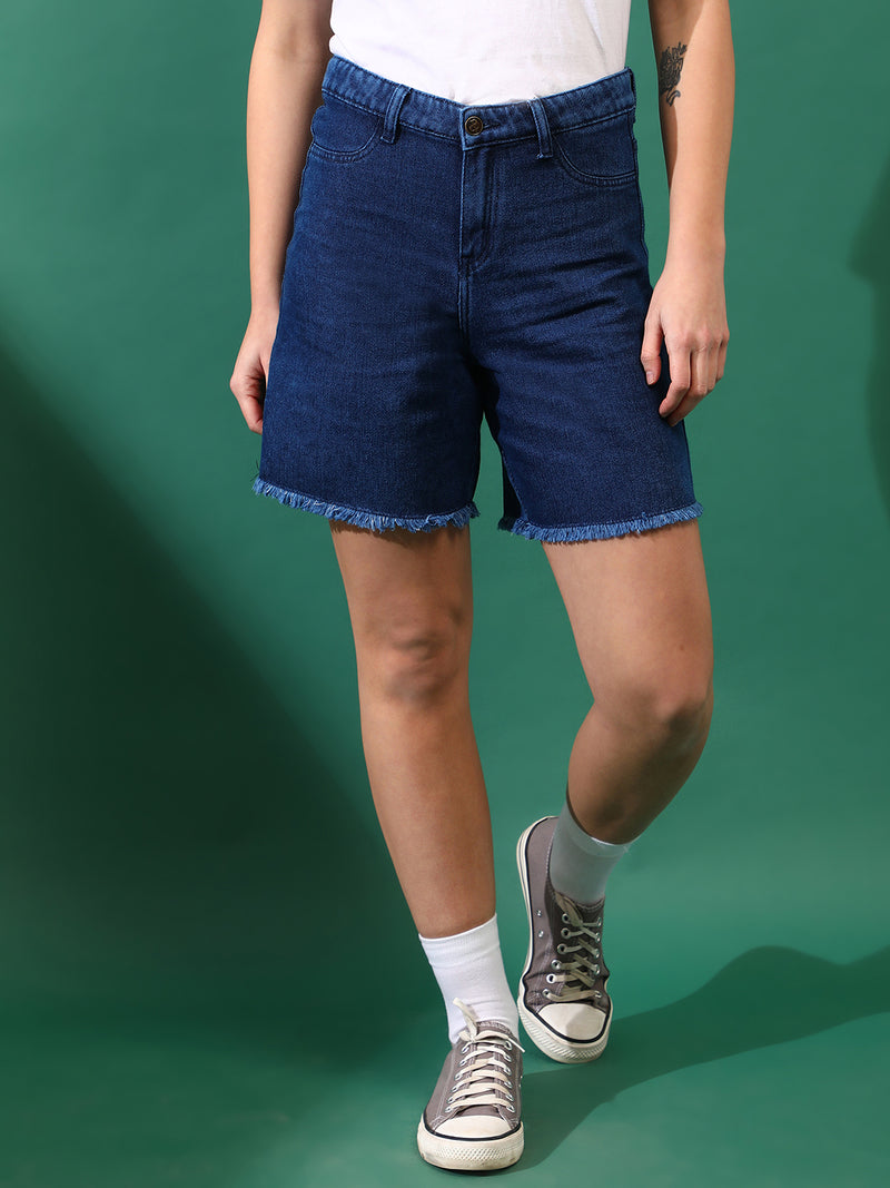 Women Denim Solid Blue Shorts