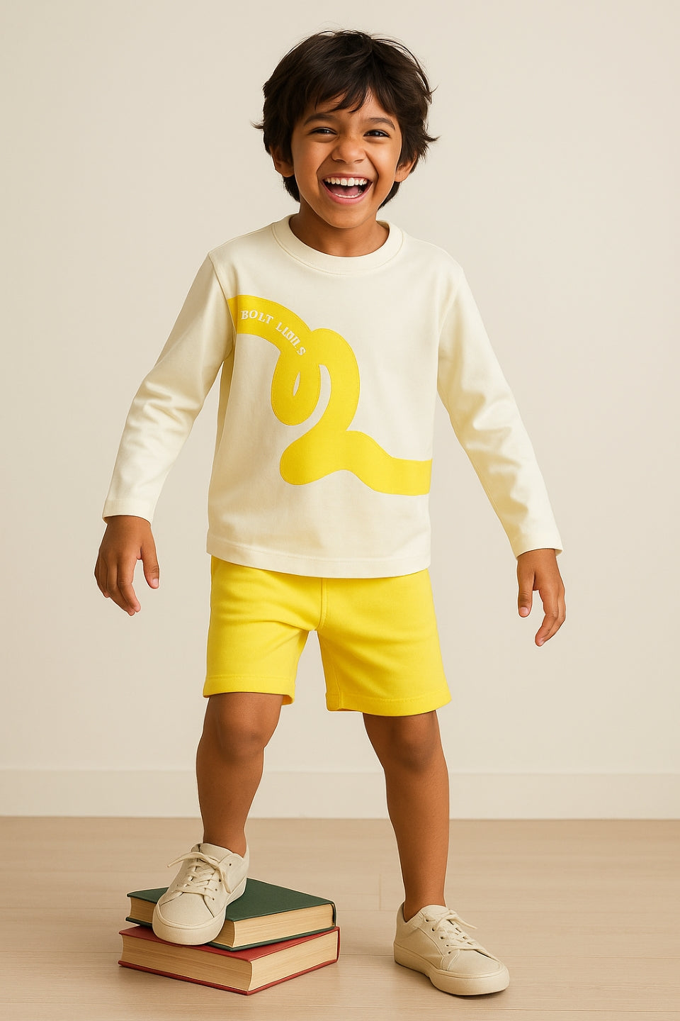 Boys Off White Cotton Printed Full Sleeve T-Shirt