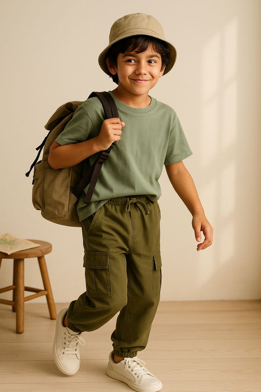 Boys Olive Cotton Solid Joggers