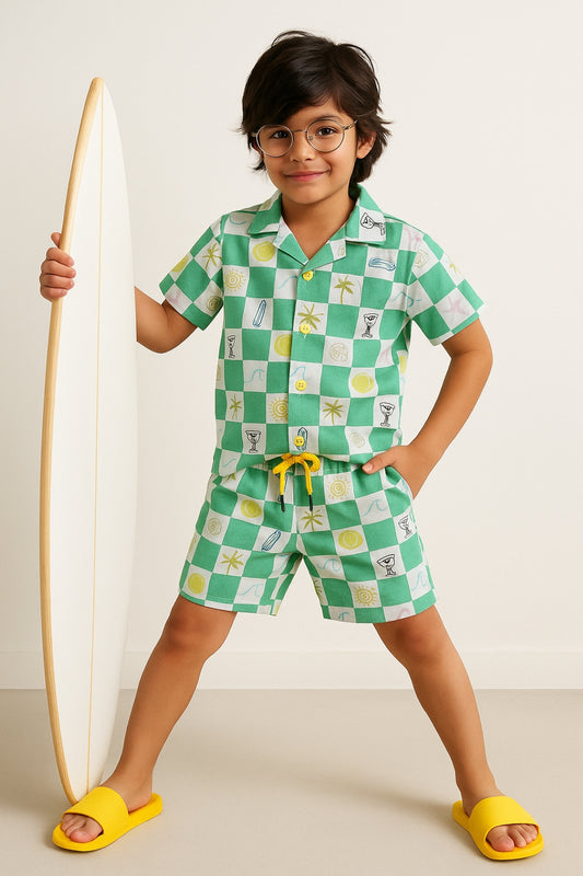 Boys Green Cotton Printed Co-ord Set