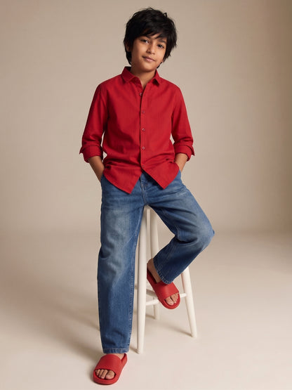 Boys Cotton Red Shirt With Blue Denim Washed Baggy Fit Jeans