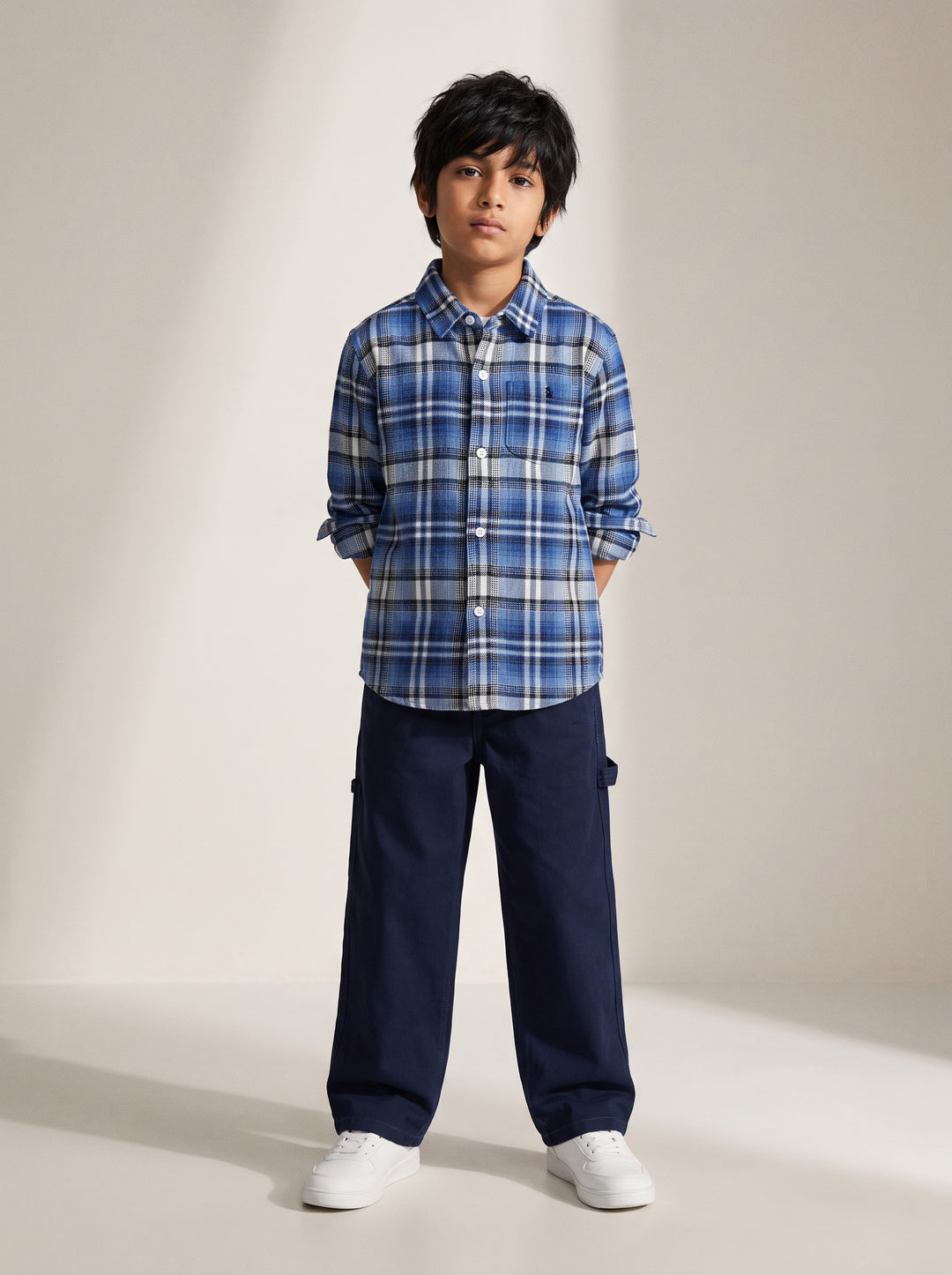 Boys Cotton Blue Checks Shirt With Navy Blue Cotton Solid Regular Fit Trouser