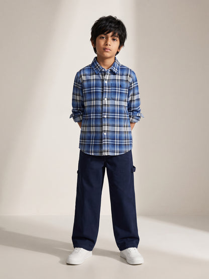 Boys Cotton Blue Checks Shirt With Navy Blue Cotton Solid Regular Fit Trouser