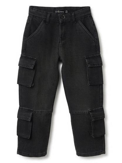 Boys Black Baggy Cargo Denim Jeans