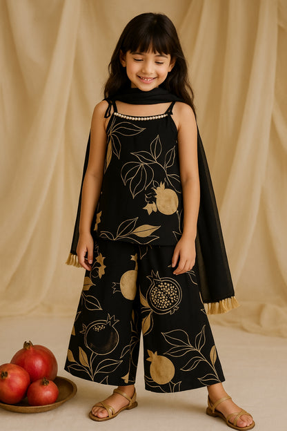 Girls Black Printed Viscose Kurta Set