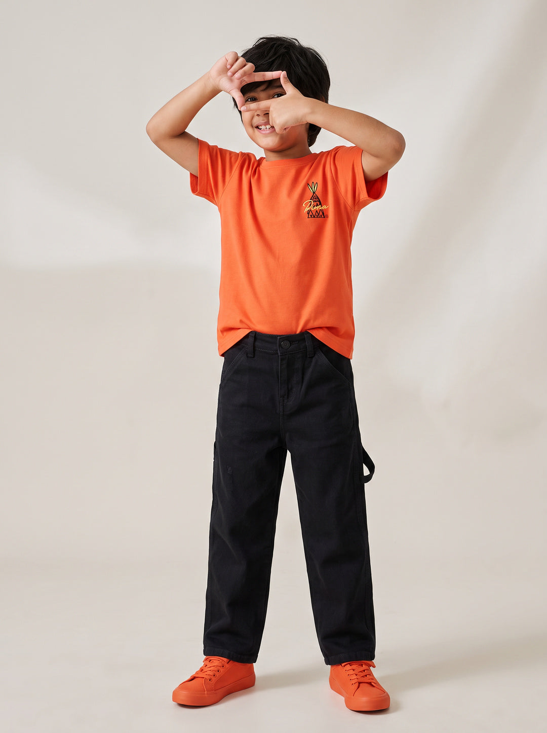 Boys Cotton Orange T-Shirt With Black Lycra Denim Solid Relaxed Fit Jeans