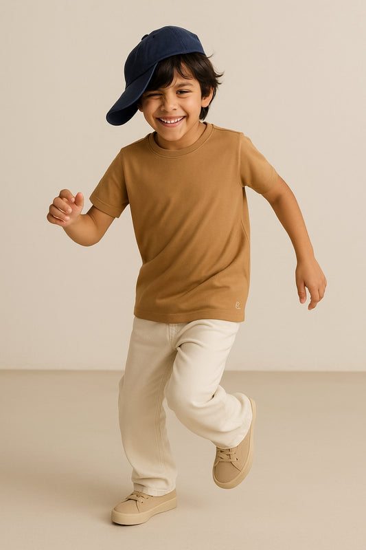 Boys Brown Solid Cotton T-shirt