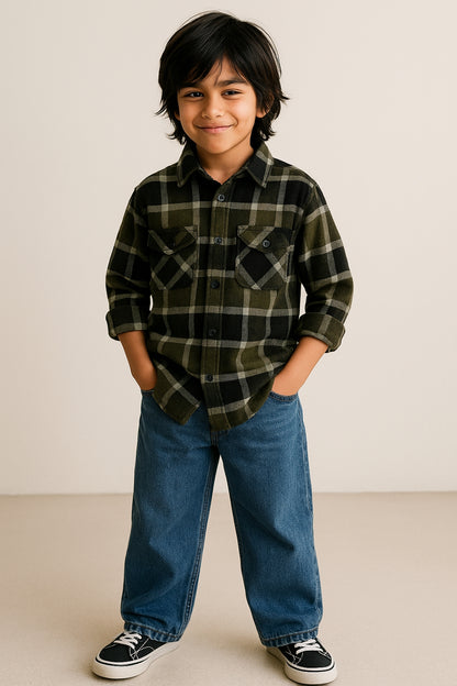 Boys Green Flannel Checked Shirt