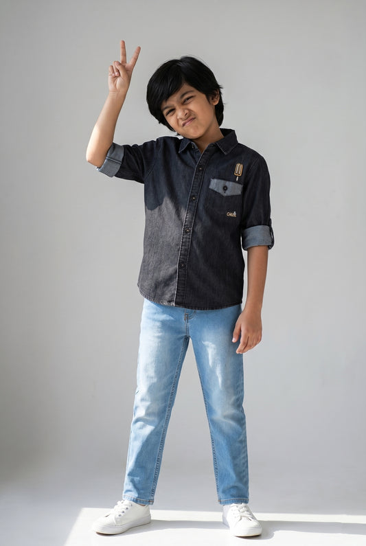 Boys Cotton Black Shirt with Blue Denim Jeans Set