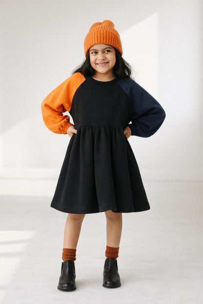 Girls Black Flared Knit Cotton Dress