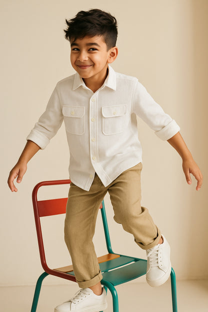 Boys Solid Cotton White Shacket