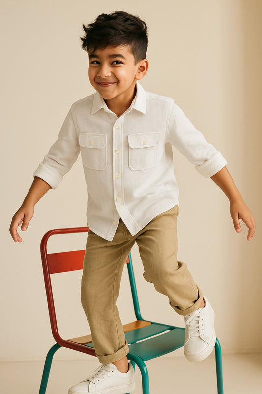 Boys Solid Cotton White Shacket