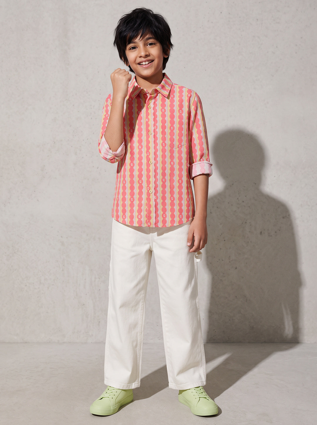 Boys Cotton Printed Pink Shirt With White Lycra Denim Solid Relaxed Fit Jeans
