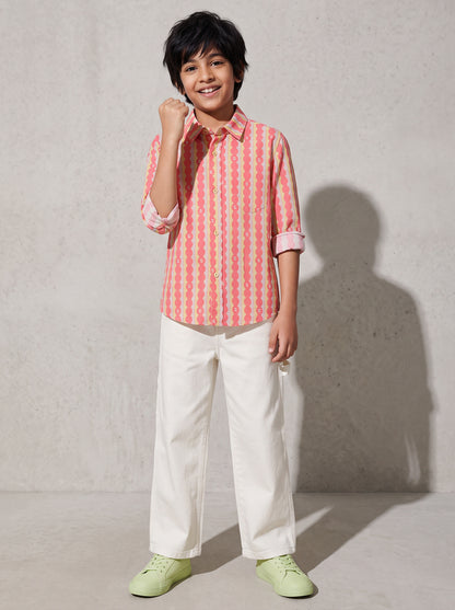 Boys Cotton Printed Pink Shirt With White Lycra Denim Solid Relaxed Fit Jeans