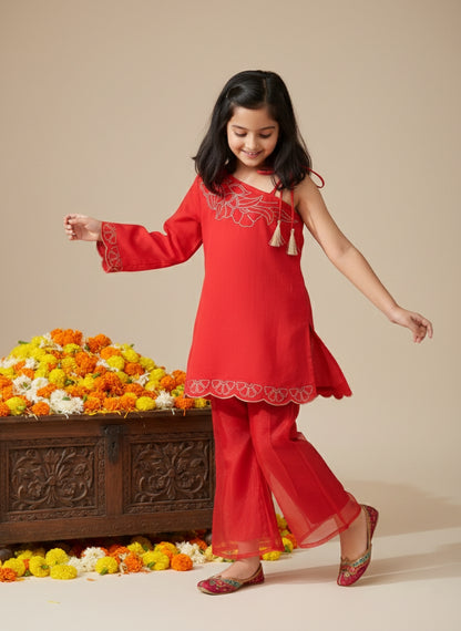 Girls Red Ethnic One Shoulder Top & Pant Set