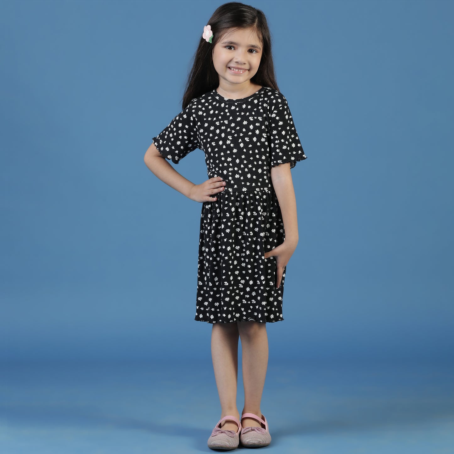 Girls Black Floral A-Line Dress