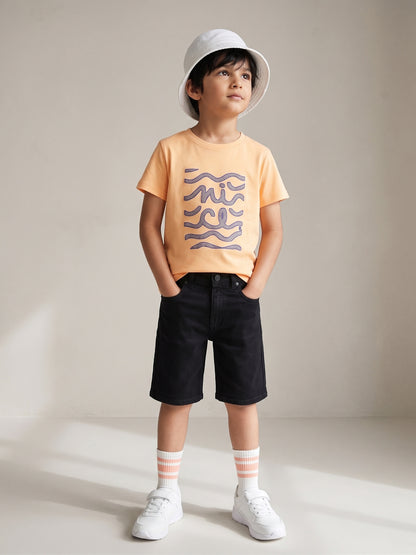 Boys Cotton Rust T-Shirt With Black Denim Solid Regular Fit Short