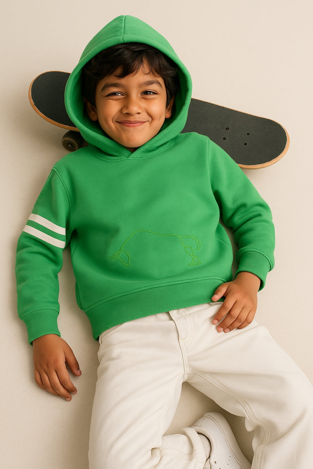 Boys Green Cotton Printed Hoodie Oversized Sweatshirt