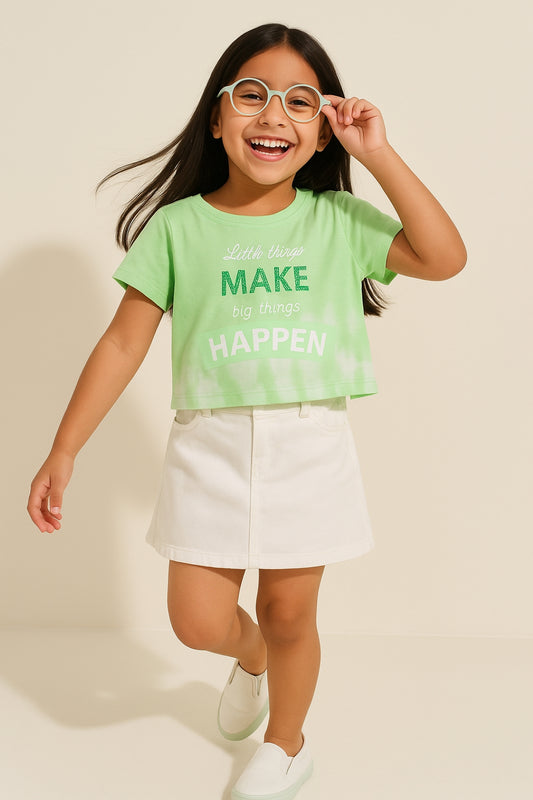 Girls Green Cotton Embroidery T-shirt