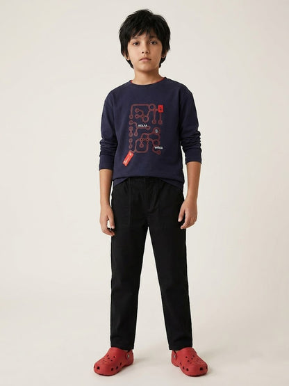 Boys Cotton Printed Navy Blue T-Shirt With Black Cotton Solid Tapered Fit Trouser