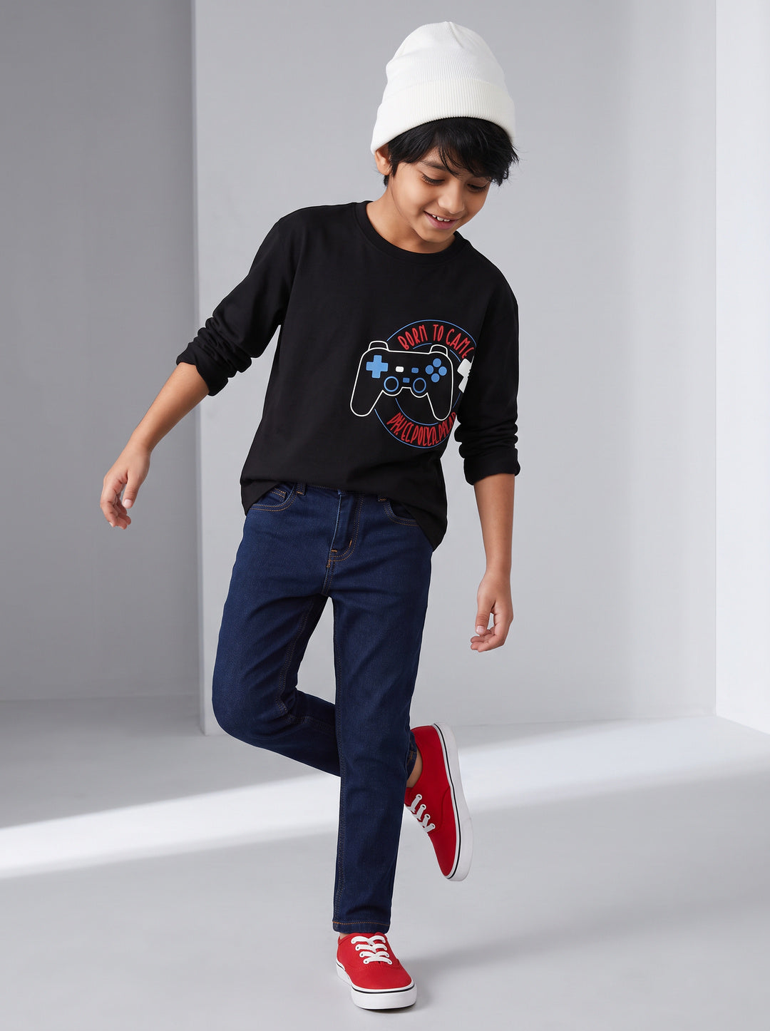 Boys Cotton Printed Black T-Shirt With Dark Blue Denim Washed Slim Fit Jeans