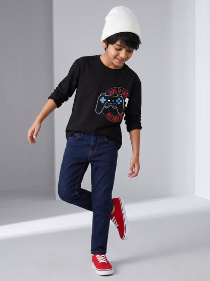 Boys Cotton Printed Black T-Shirt With Dark Blue Denim Washed Slim Fit Jeans
