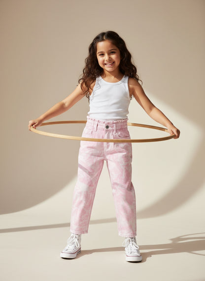 Girls Pink Tie & Dye Cotton Jeans