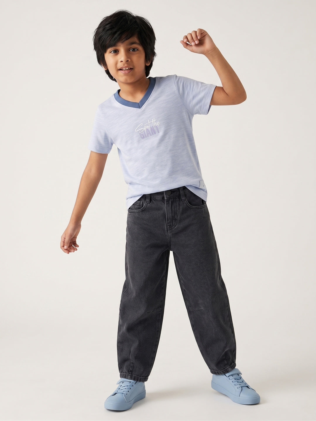 Boys Cotton Sky Blue V Neck T-Shirt With Grey Denim Washed Regular Fit Jeans