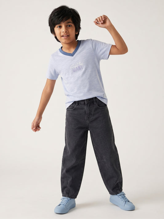 Boys Cotton Sky Blue V Neck T-Shirt With Grey Denim Washed Regular Fit Jeans