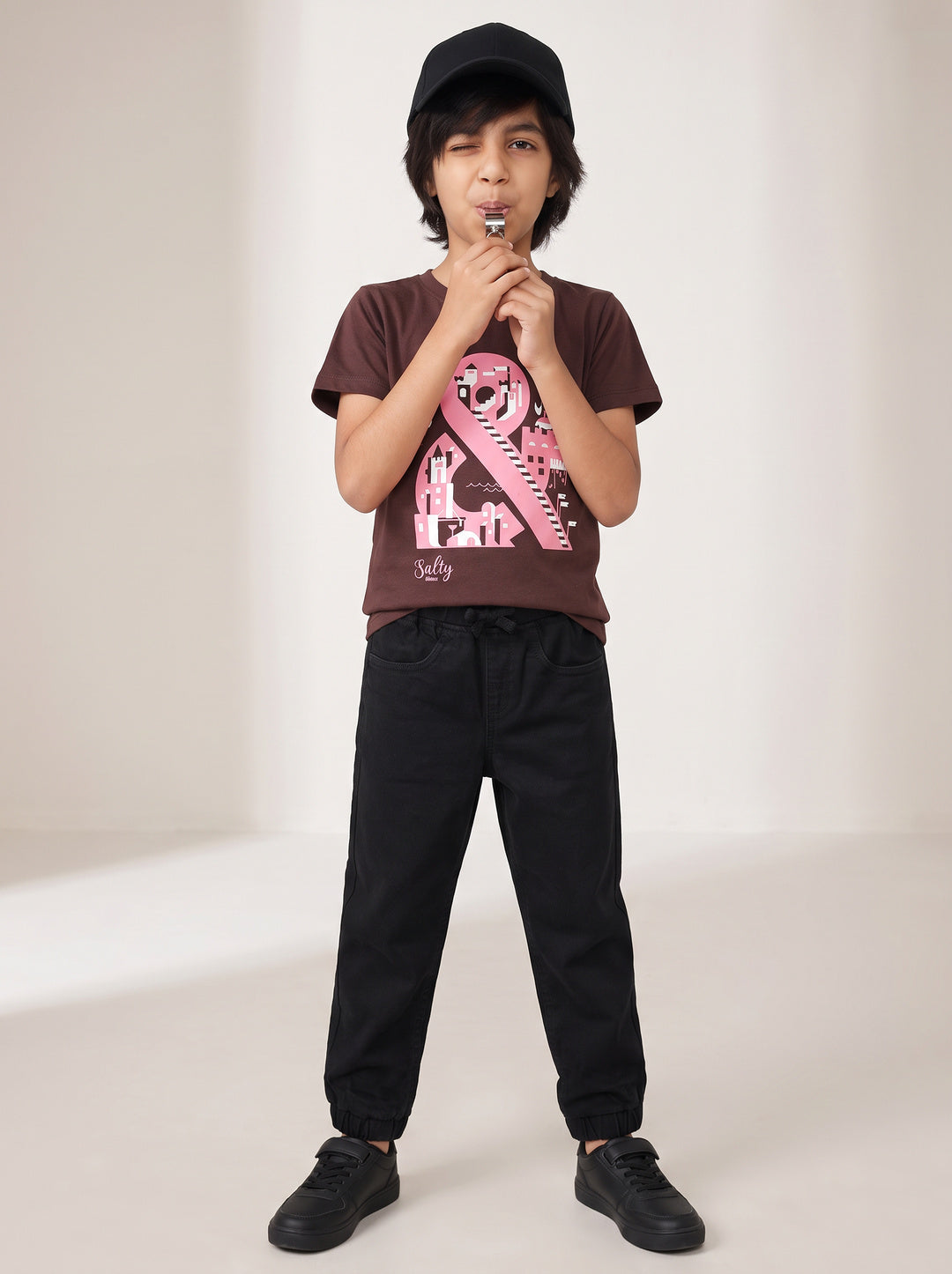 Boys Cotton Brown T-Shirt With Black Denim Solid Slim Fit Joggers