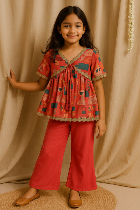 Girls Pink V-Neck Printed Ethnic Top & Sharara Ethnic Set