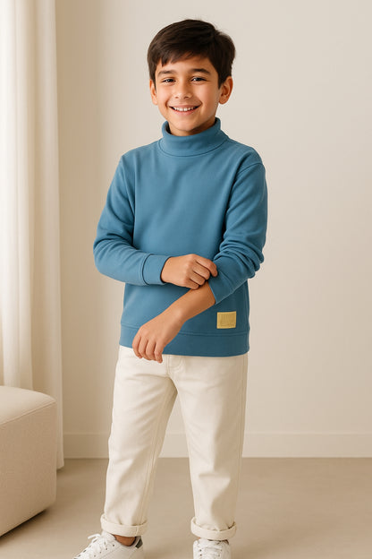 Boys Blue Cotton Turtle Neck Full Sleeve T-Shirt