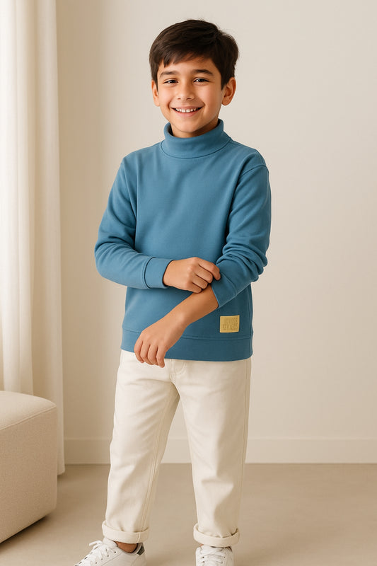 Boys Blue Cotton Turtle Neck Full Sleeve T-Shirt